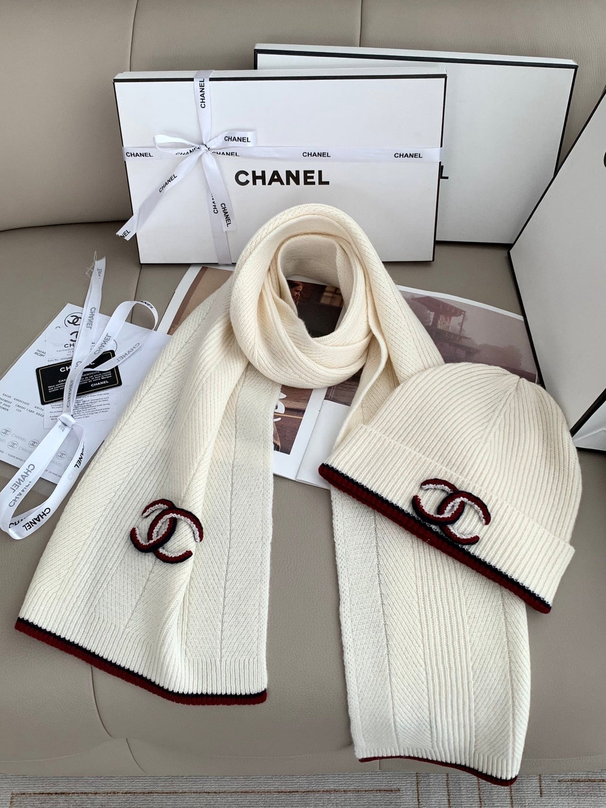 Chanel Style Ivory Rib-Knit Scarf and Beanie Set